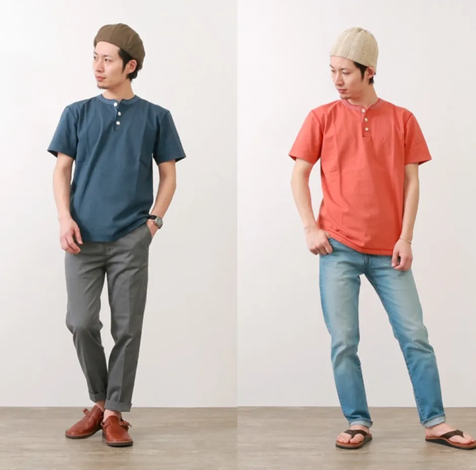 T-Shirts^BARNS / BR-8146 Knitsted Henley Neck Short Sleeve Crew Neck T-Shirt