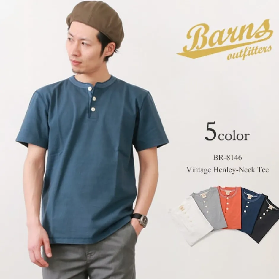 T-Shirts^BARNS / BR-8146 Knitsted Henley Neck Short Sleeve Crew Neck T-Shirt