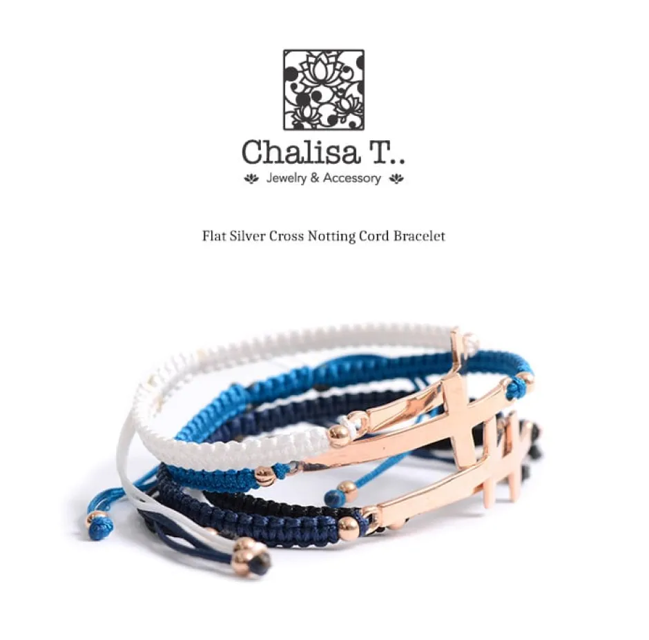 Anklets^CHALISA T.. / Flatt Silver Cross Notched Cord Bracelet