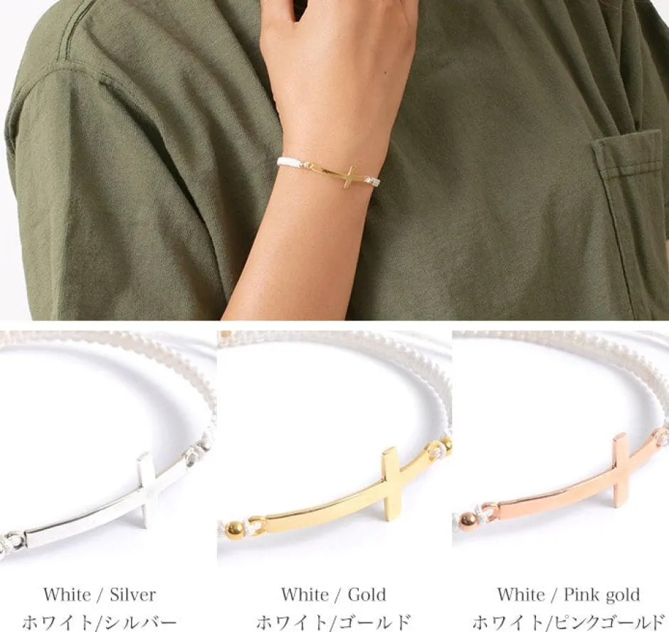 Anklets^CHALISA T.. / Flatt Silver Cross Notched Cord Bracelet