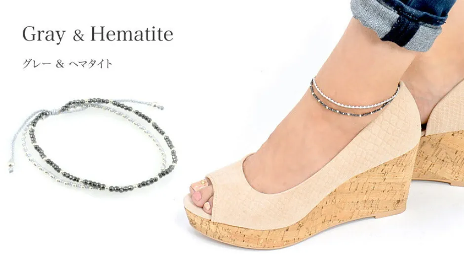 Anklets^CHALISA T.. / Stone silver bead anklet with knotted cord