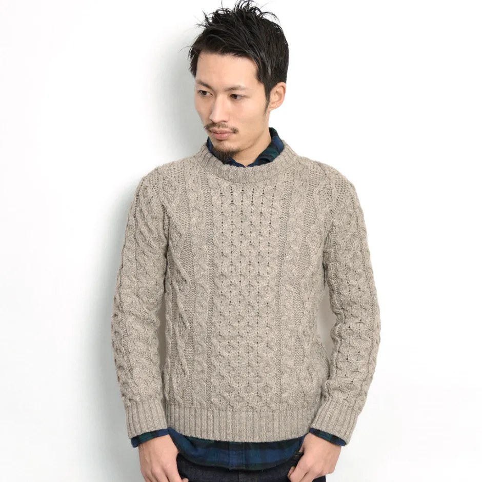 Knits^KERRY WOOLLEN MILLS / 5 gauge 3-ply aran cable crew neck heavy knit