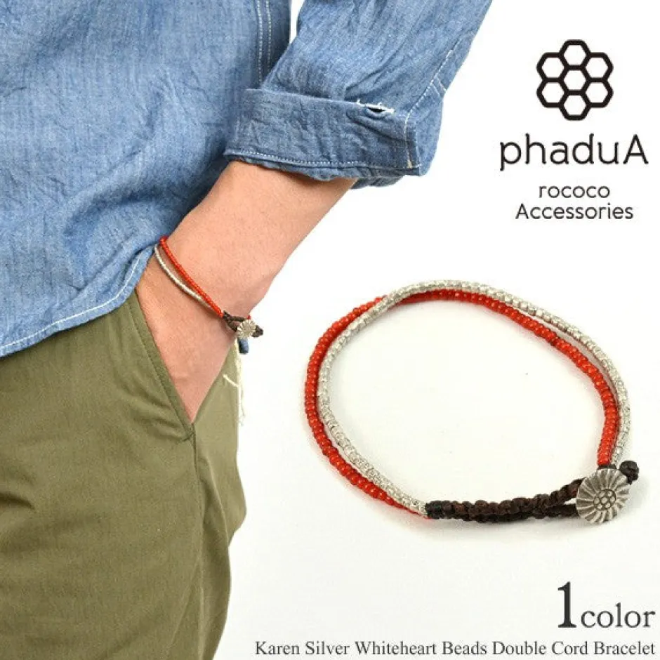 Anklets^PHADUA / Karen Silver Beads White Heart Double Cord Bracelet red