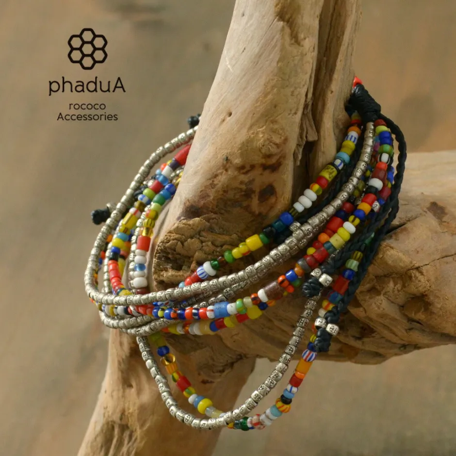 Anklets^PHADUA / 2-strand waxed cord African bead anklet black