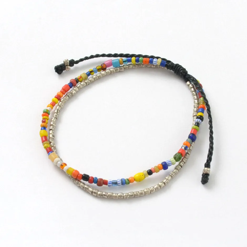 Anklets^PHADUA / 2-strand waxed cord African bead anklet black