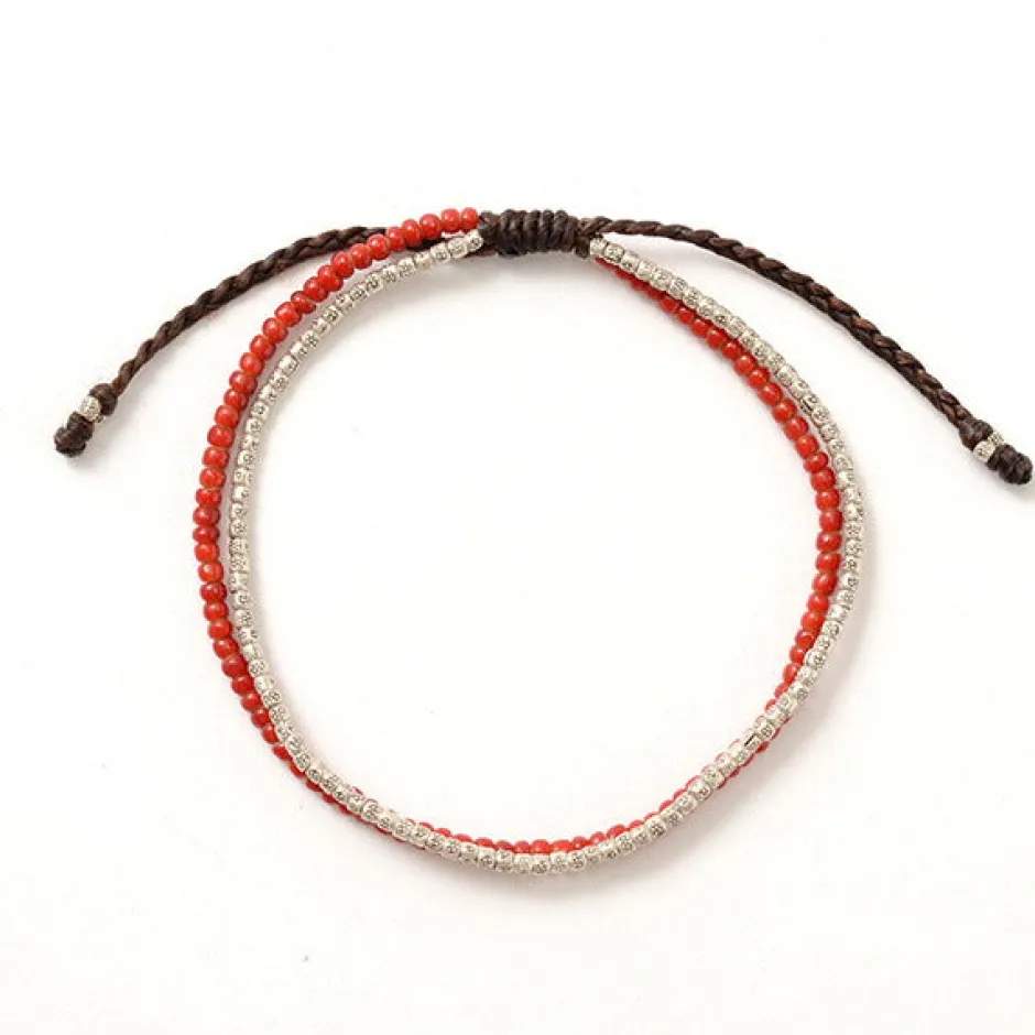 Anklets^PHADUA / Two strands waxed cord anklet (white heart/silver) red