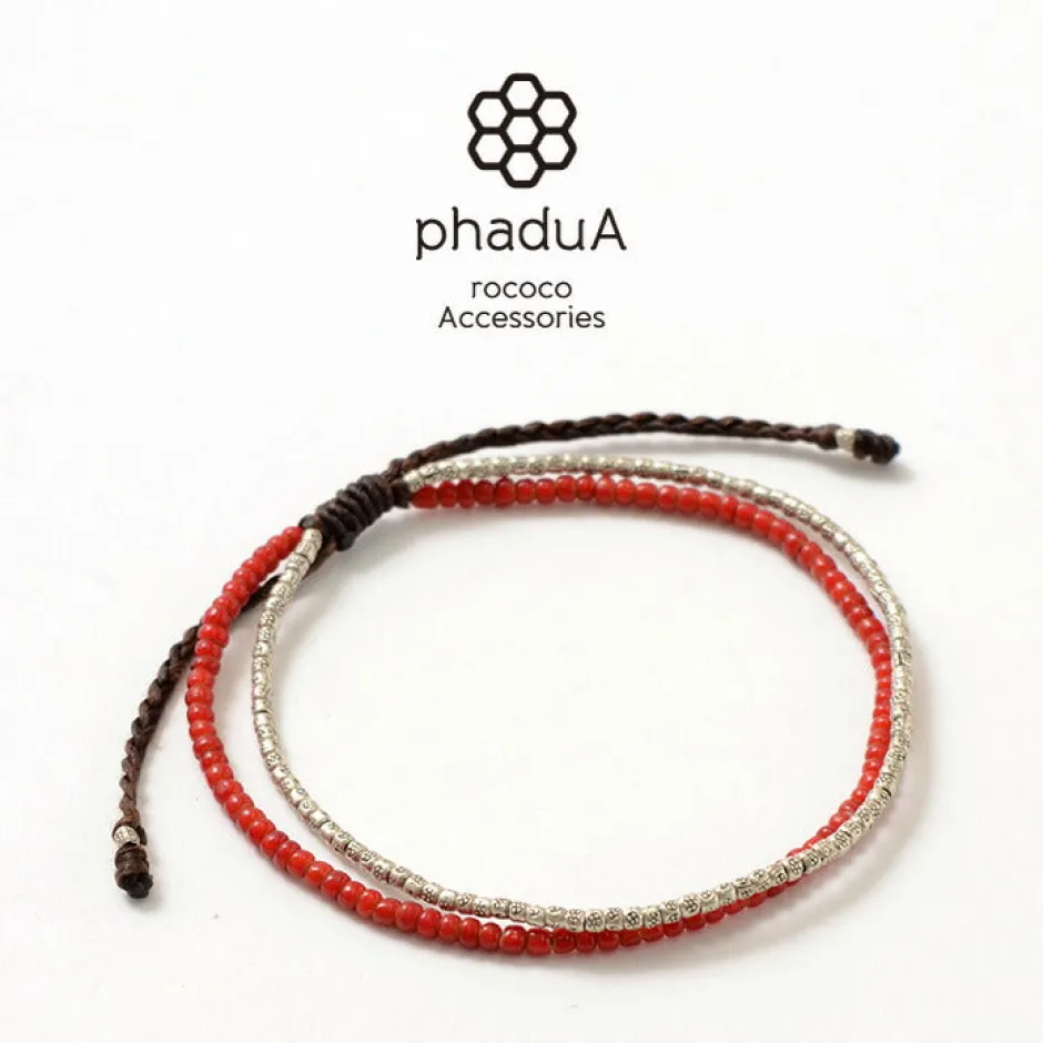Anklets^PHADUA / Two strands waxed cord anklet (white heart/silver) red