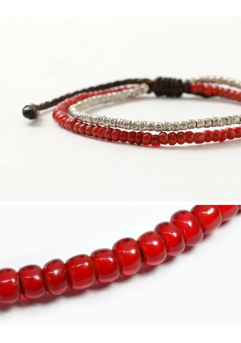 Anklets^PHADUA / Two strands waxed cord anklet (white heart/silver) red
