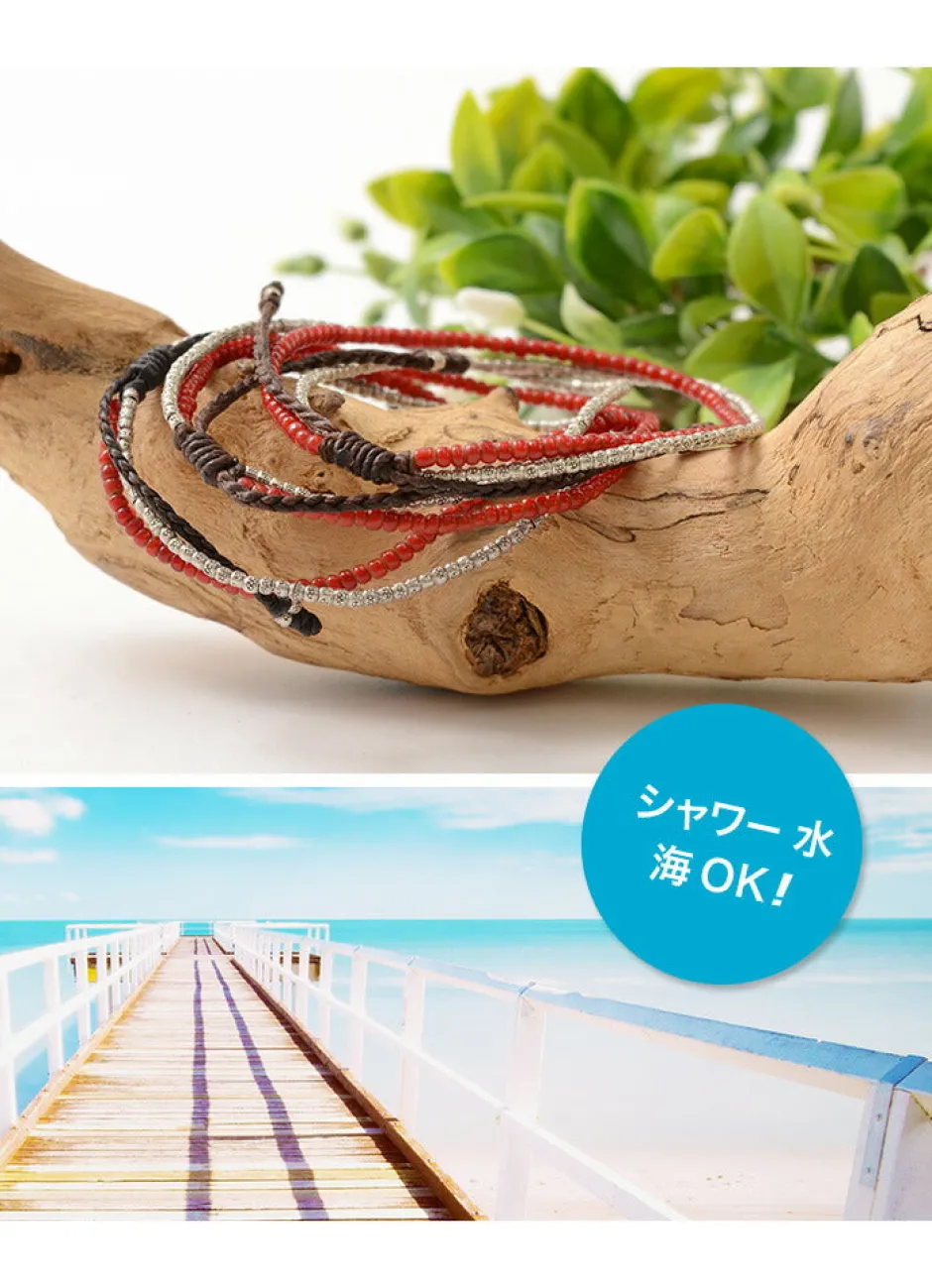 Anklets^PHADUA / Two strands waxed cord anklet (white heart/silver) red