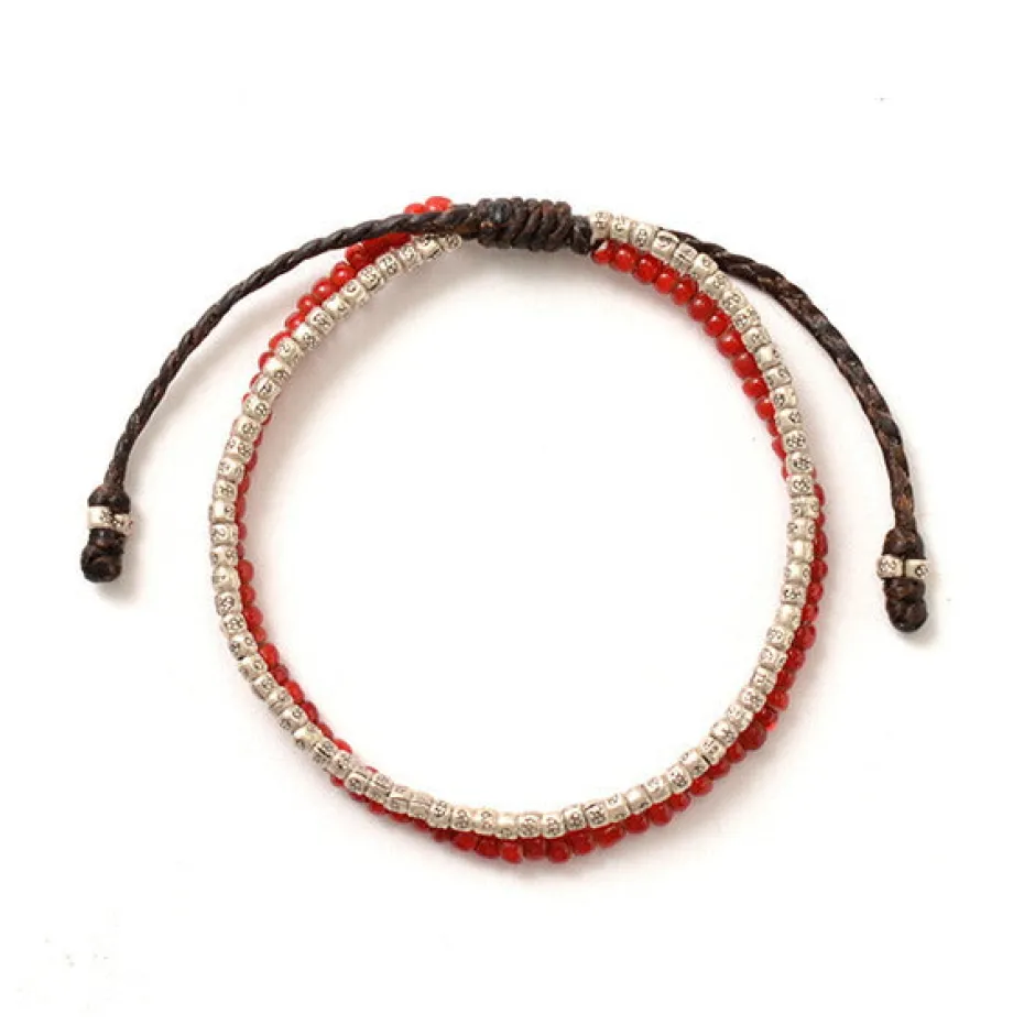 Bracelets^PHADUA / Two strands waxed cord bracelet (white heart/silver) red