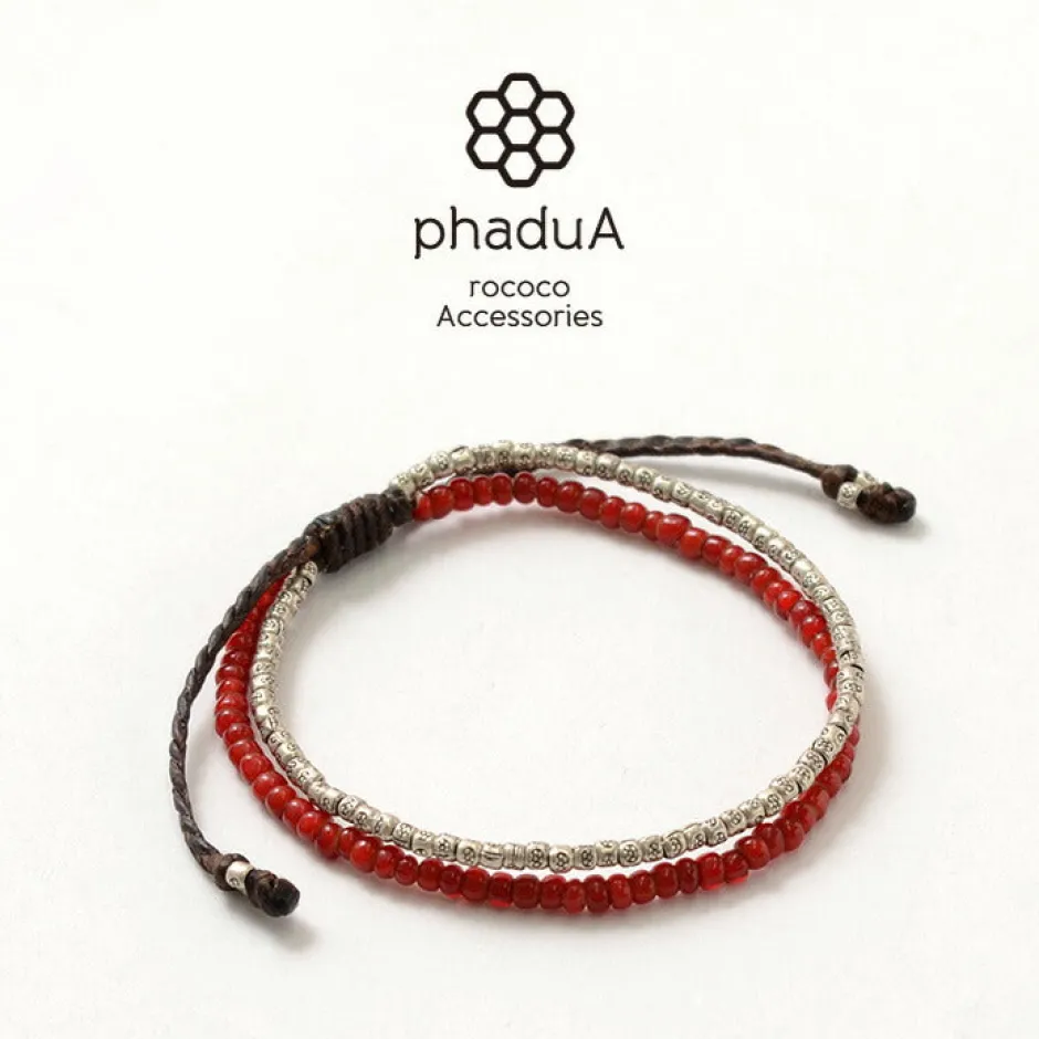 Bracelets^PHADUA / Two strands waxed cord bracelet (white heart/silver) red