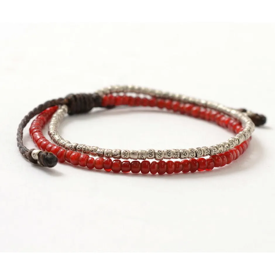 Bracelets^PHADUA / Two strands waxed cord bracelet (white heart/silver) red