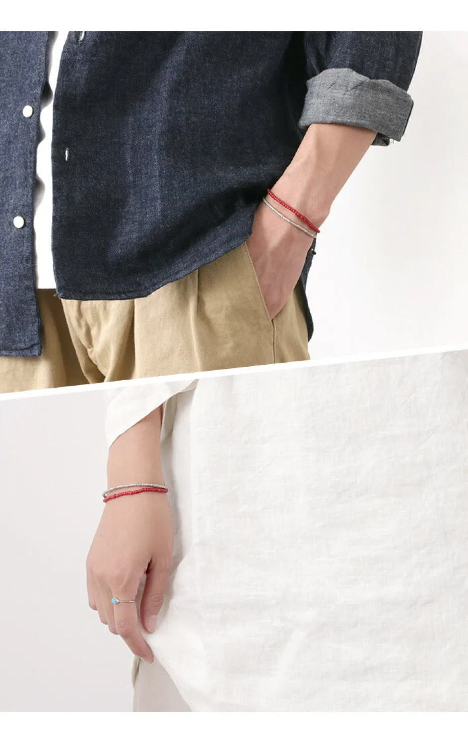 Bracelets^PHADUA / Two strands waxed cord bracelet (white heart/silver) red
