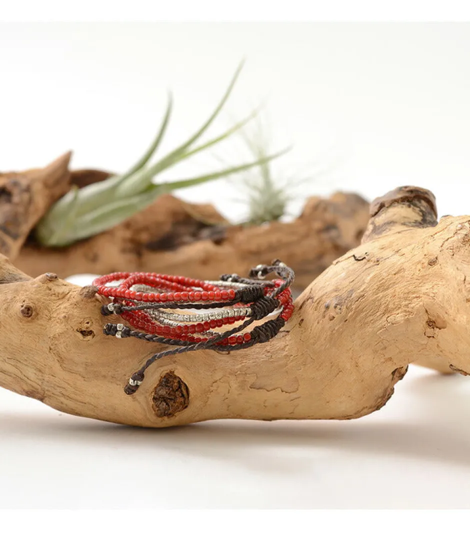 Bracelets^PHADUA / Two strands waxed cord bracelet (white heart/silver) red