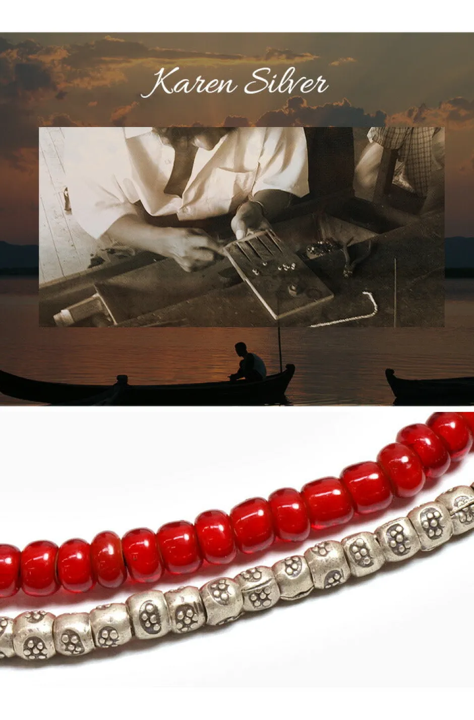 Bracelets^PHADUA / Two strands waxed cord bracelet (white heart/silver) red