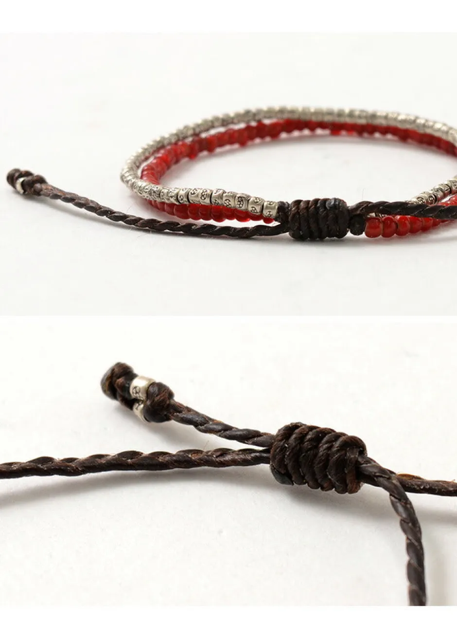 Bracelets^PHADUA / Two strands waxed cord bracelet (white heart/silver) red