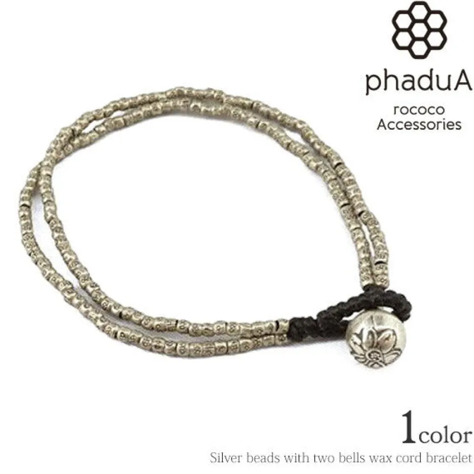 Bracelets^PHADUA / Wax cord bracelet with two bead bells silver