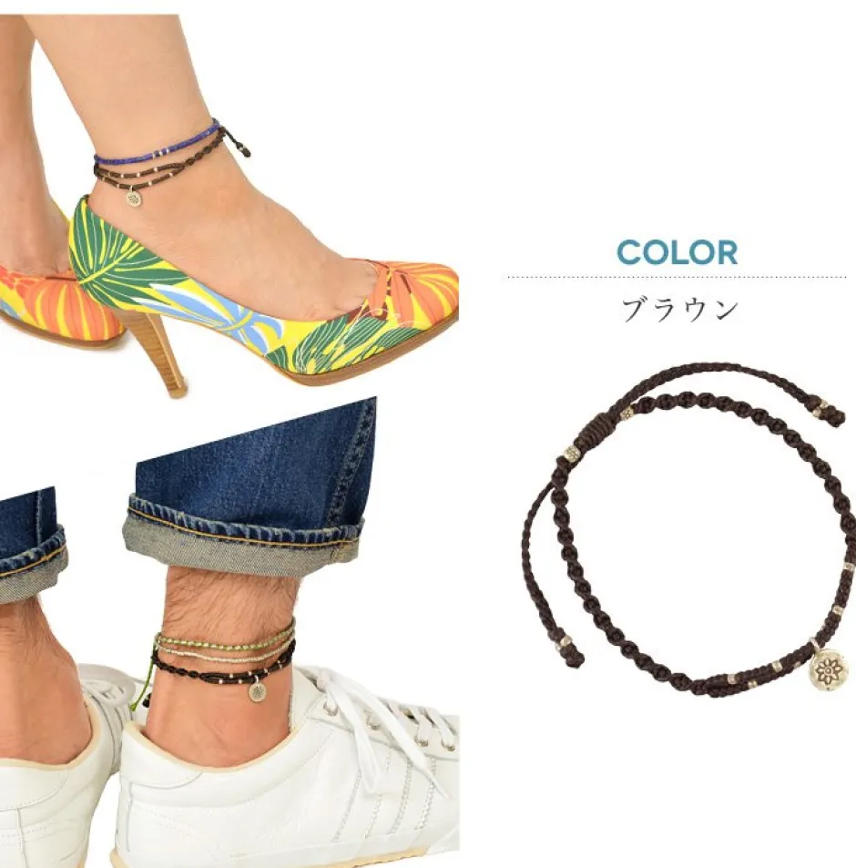 Anklets^PHADUA / Waxed Cord Anklet with Silver Two-Strand Top